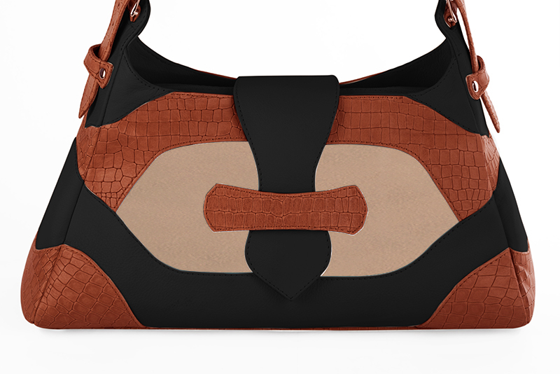 Dress handbag in terracotta orange, biscuit beige and matt black leather - Profile view